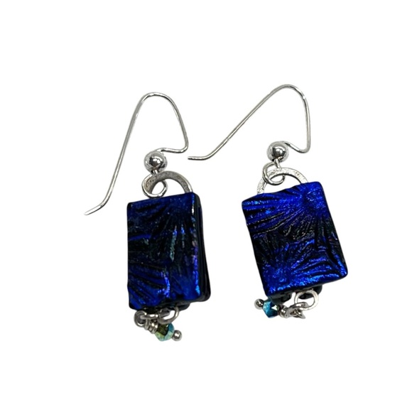 FUSED DICHROIC GLASS Multicolored Hand Crafted Artsy Dangle Earrings - Picture 8 of 13
